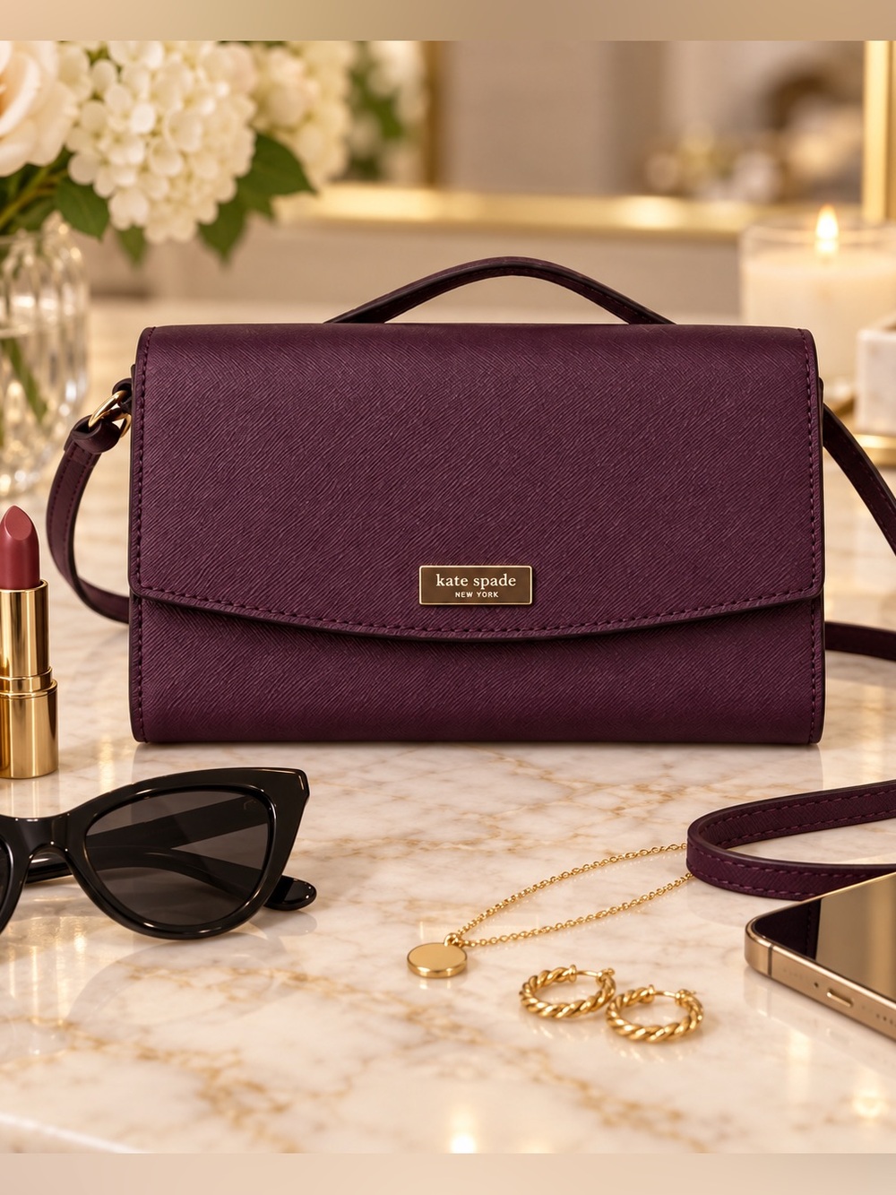 Kate Spade Laurel Way Winni Crossbody Wallet Bag — Deep Plum Saffiano